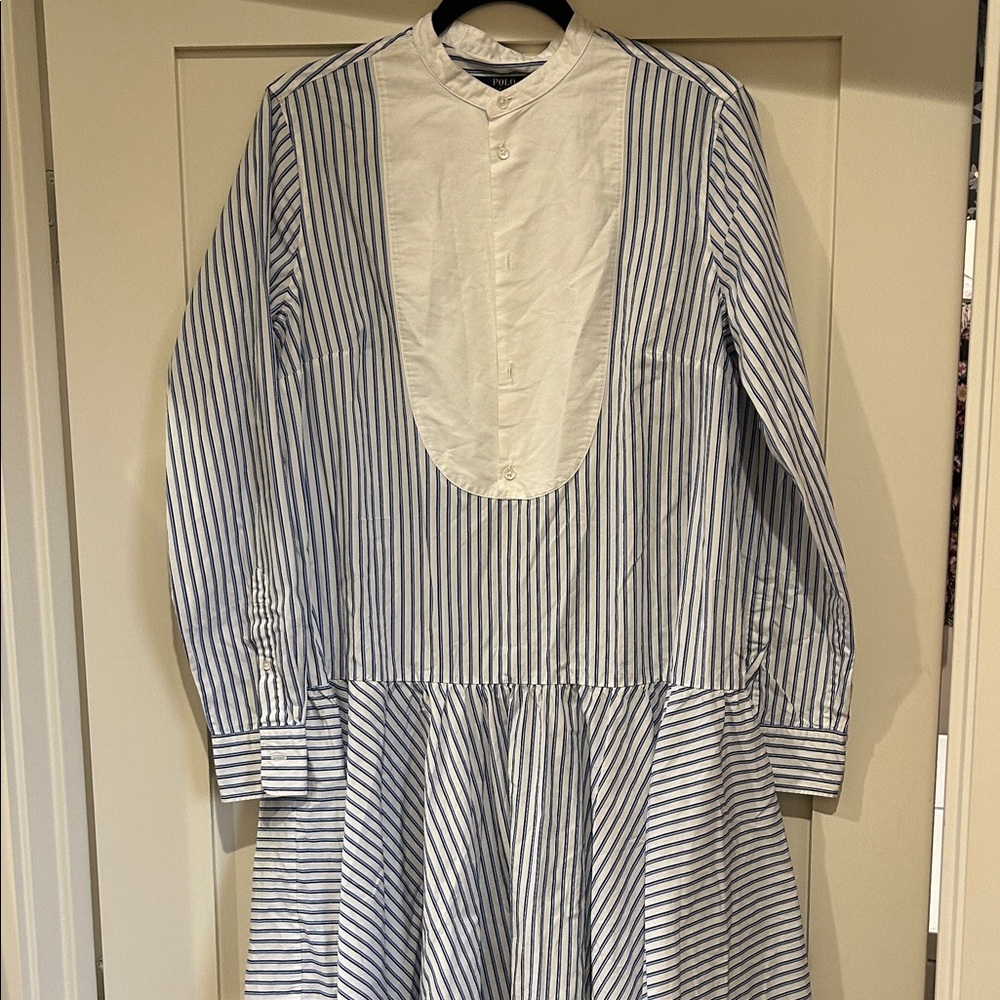 POLO RALPH LAUREN Blue and White Striped Cotton Midi Dress with Contrast Bib